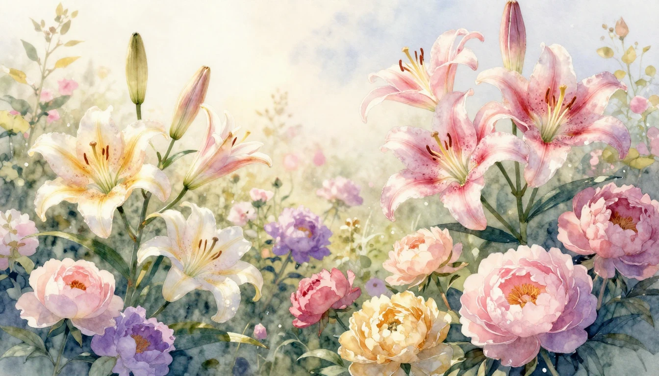 A beautiful watercolor painting of a blooming garden with va...