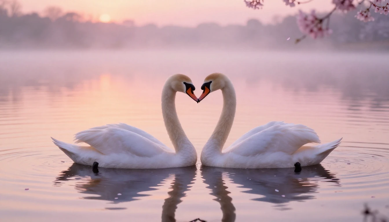 A soft and ethereal scene depicting two delicate swans formi...