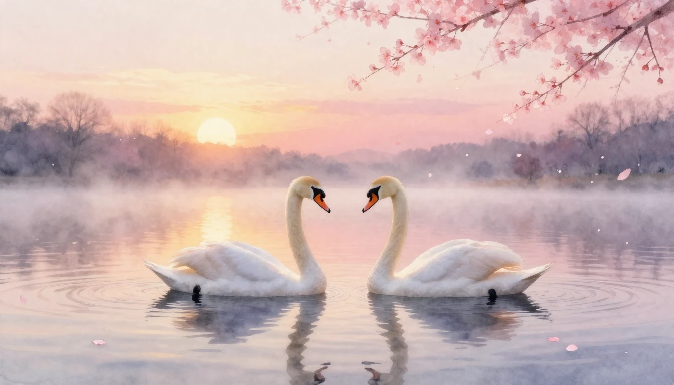 A soft watercolor painting of two elegant swans gliding on a...