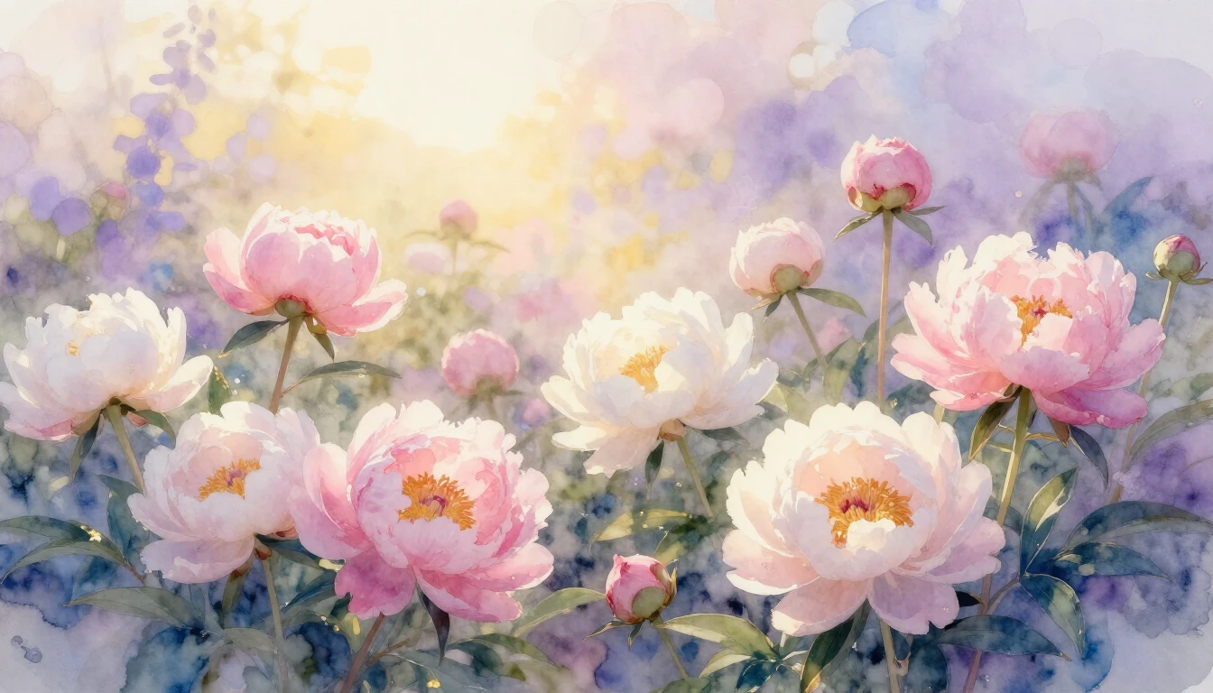 A beautiful, soft watercolor painting of a blooming garden a...