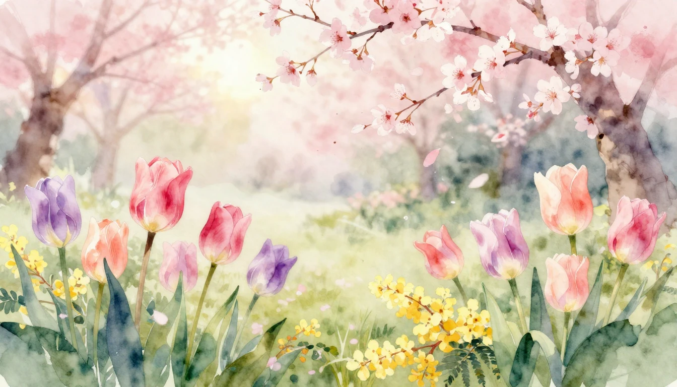 A delicate watercolor painting of a blooming spring garden. ...