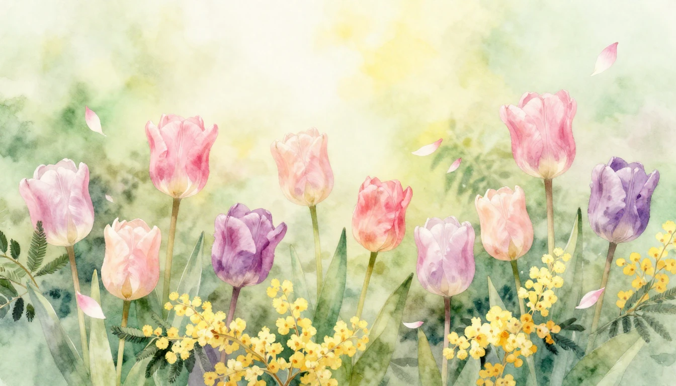 A delicate watercolor painting of a blooming spring garden. ...