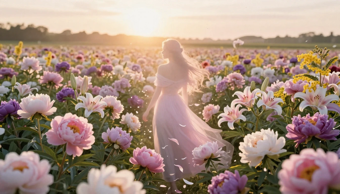 A breathtaking field of diverse blooming flowers like peonie...