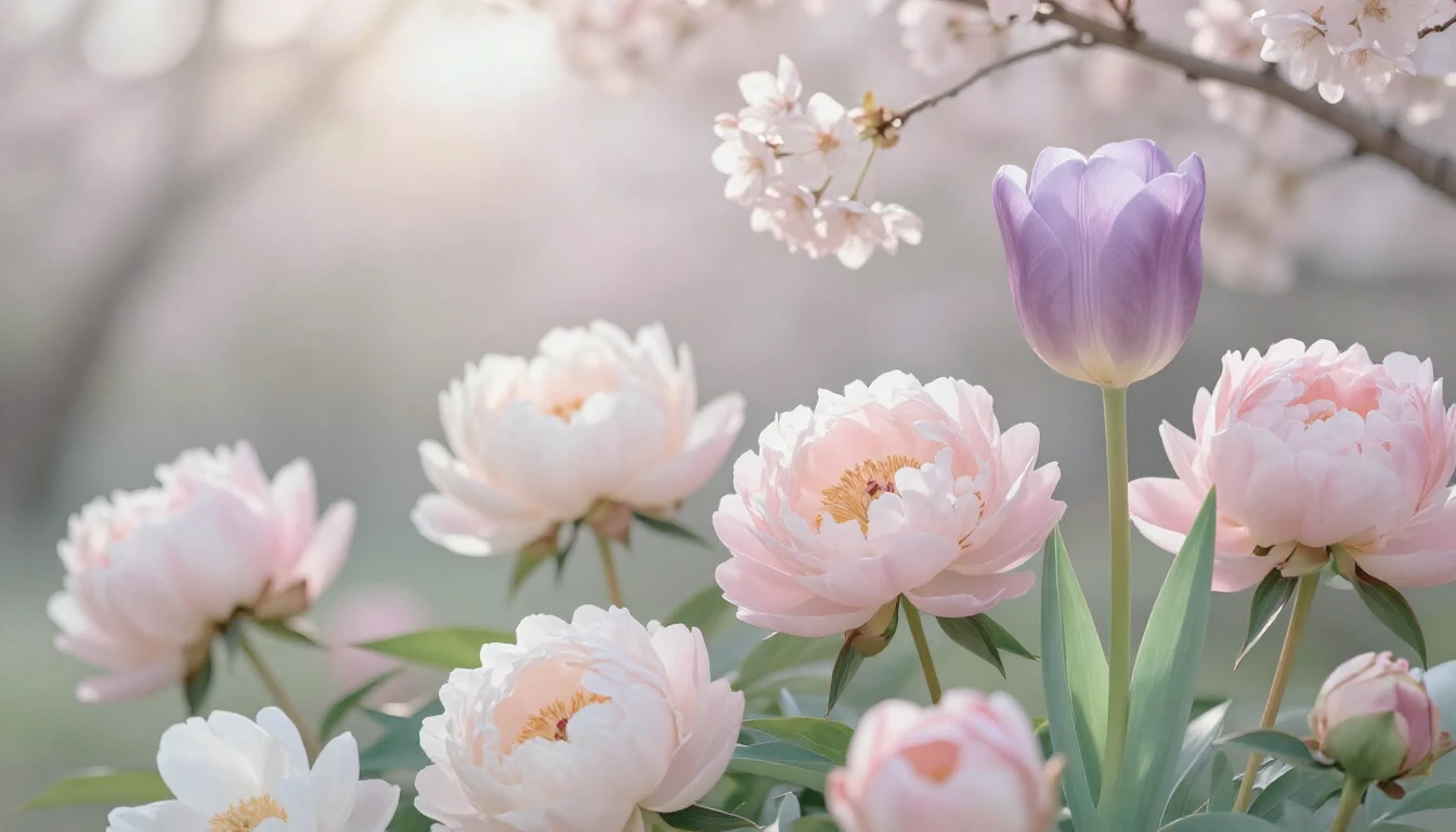 A delicate and airy scene featuring a variety of blooming sp...