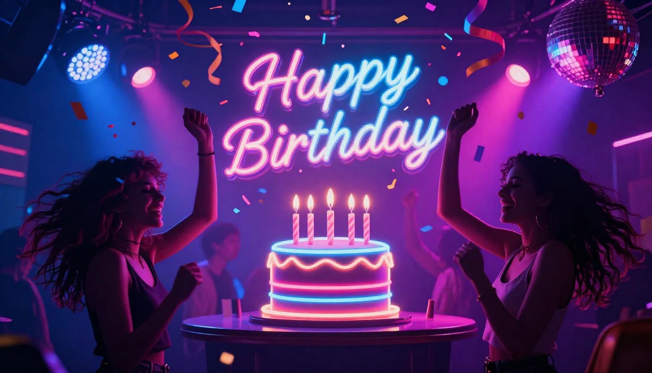 A vibrant and energetic party scene celebrating a birthday, ...