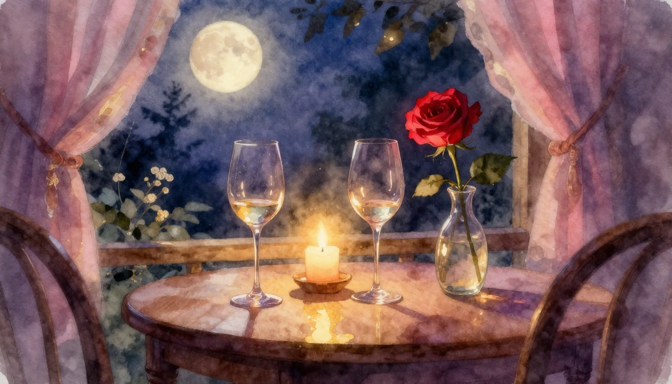 A dreamlike watercolor scene of a cozy, dimly lit room overl...