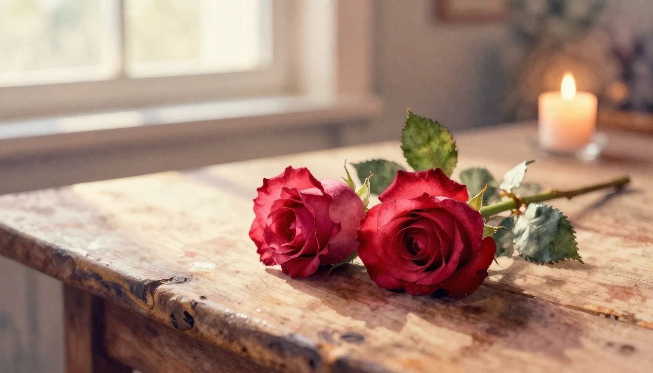 A beautiful watercolor painting of two delicate red roses in...