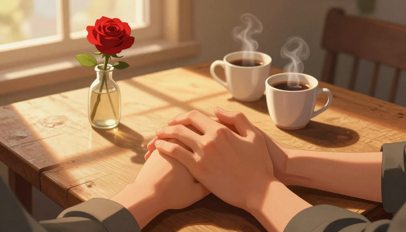 A warm and romantic close-up illustration of two hands holdi...