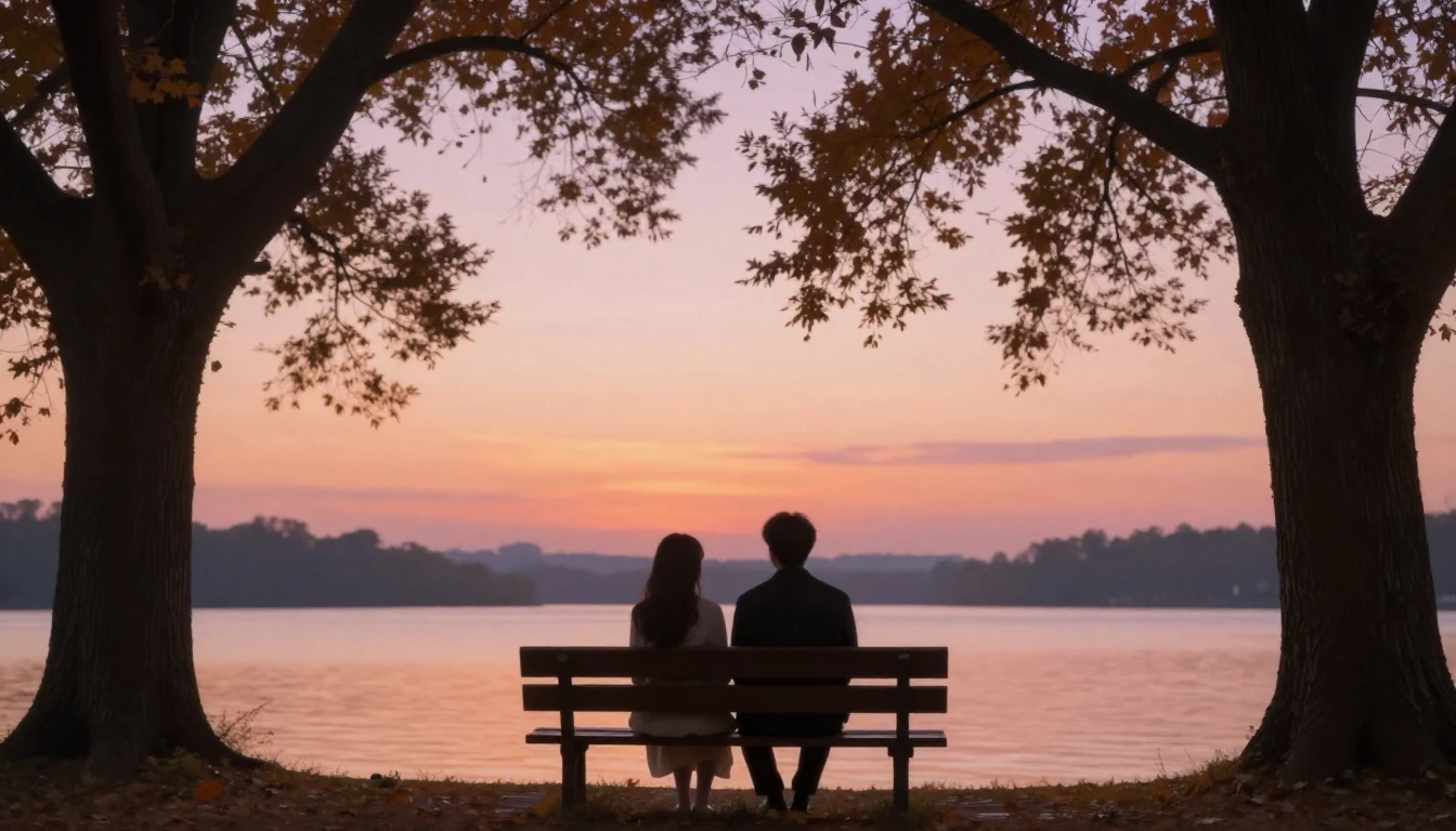 A romantic and soft composition depicting two silhouettes si...