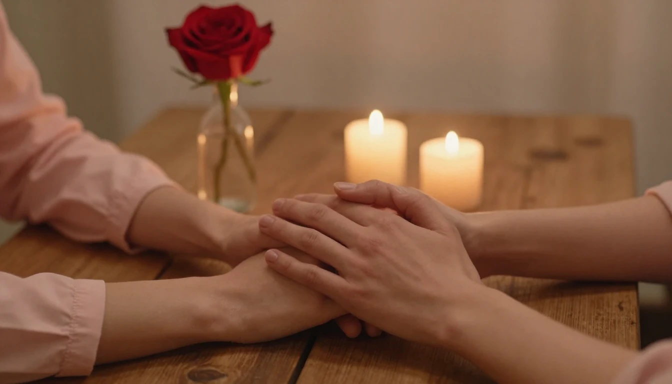 A romantic and intimate composition focusing on two hands ge...