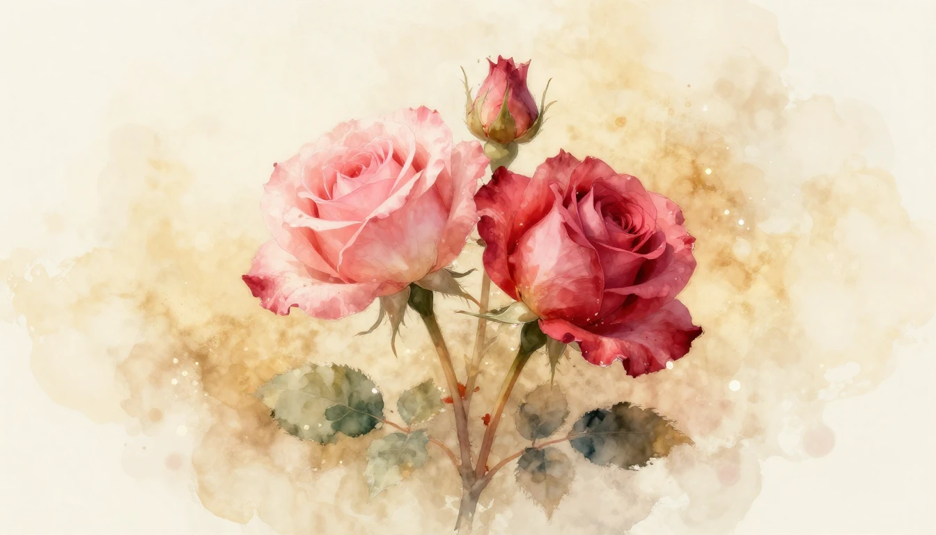 A delicate watercolor painting of two intertwined rose stems...