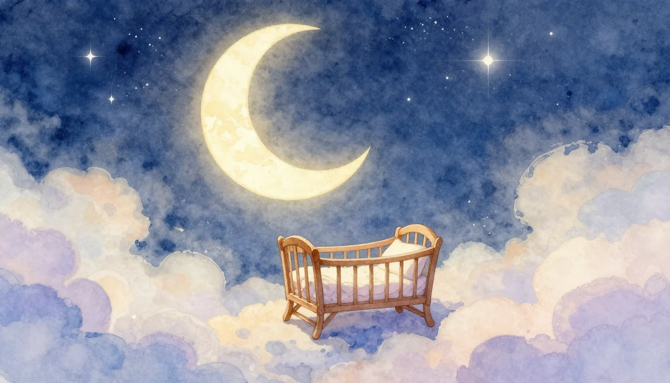 A soft and dreamy watercolor illustration of a crescent moon...