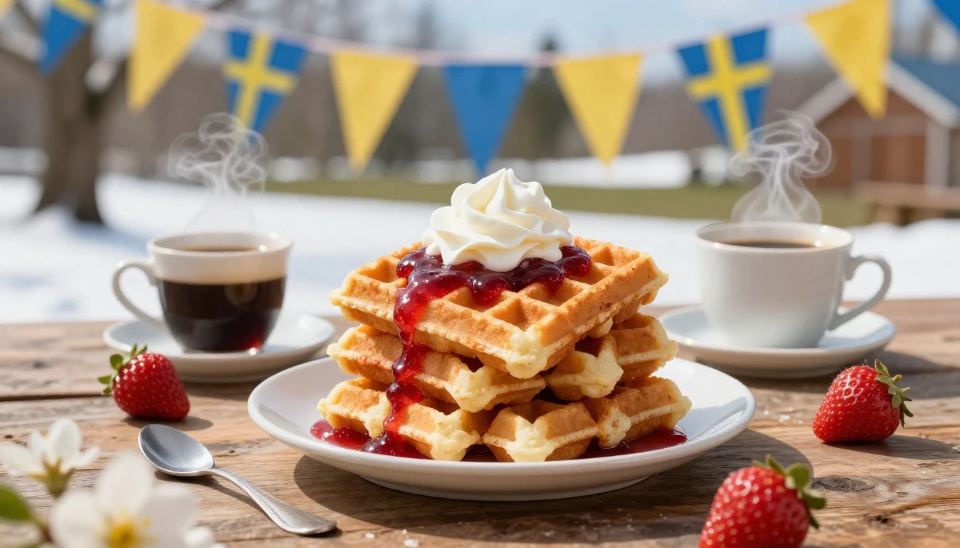 A festive and cheerful scene celebrating Swedish Waffle Day....