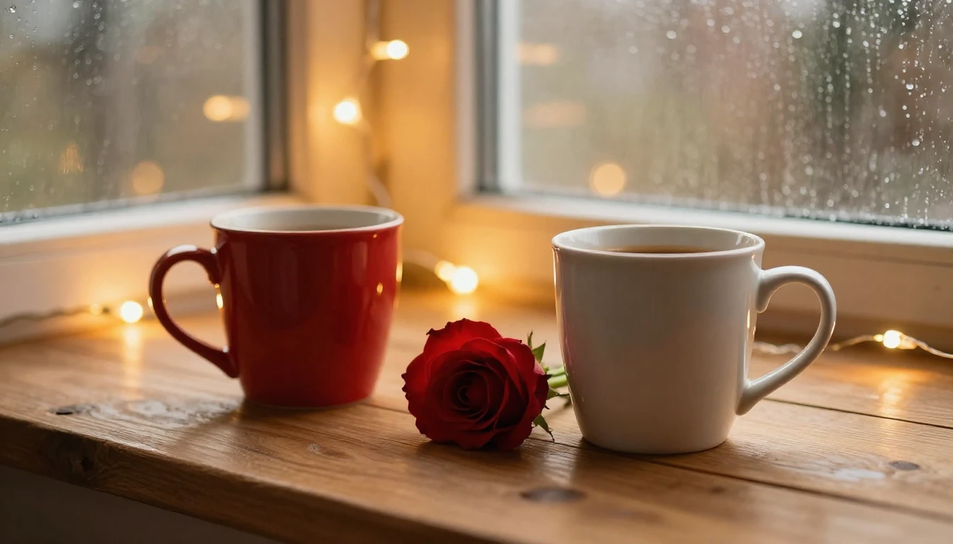 A warm and intimate close-up scene of two coffee mugs on a r...