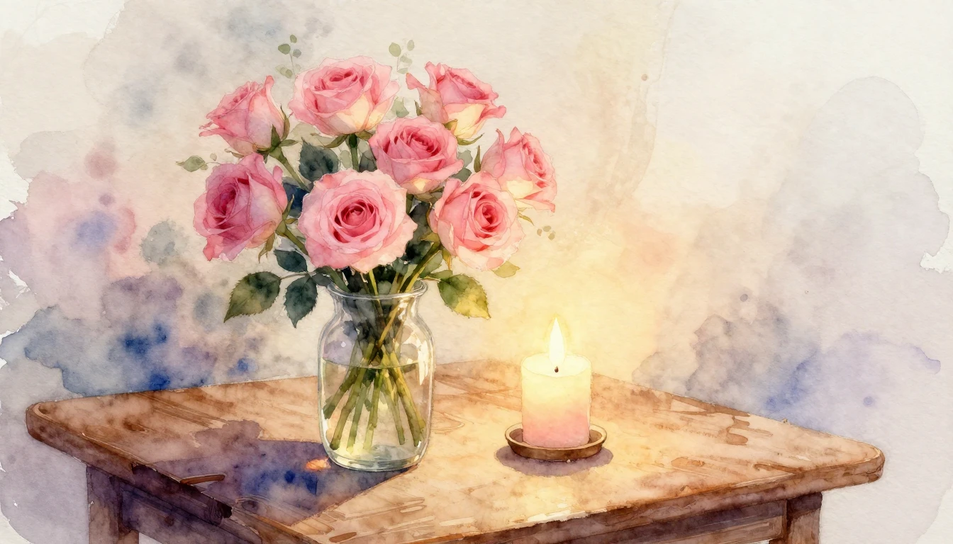 A beautiful watercolor painting of a romantic setting. In th...