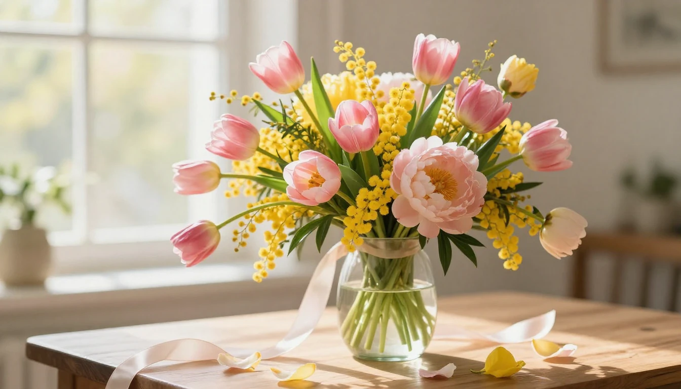 A vibrant and elegant scene featuring a lush bouquet of spri...