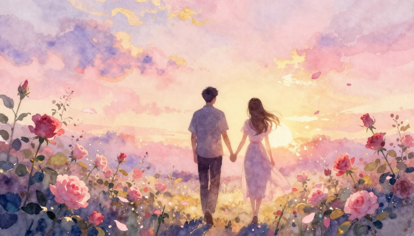A dreamlike watercolor painting of two silhouettes walking h...
