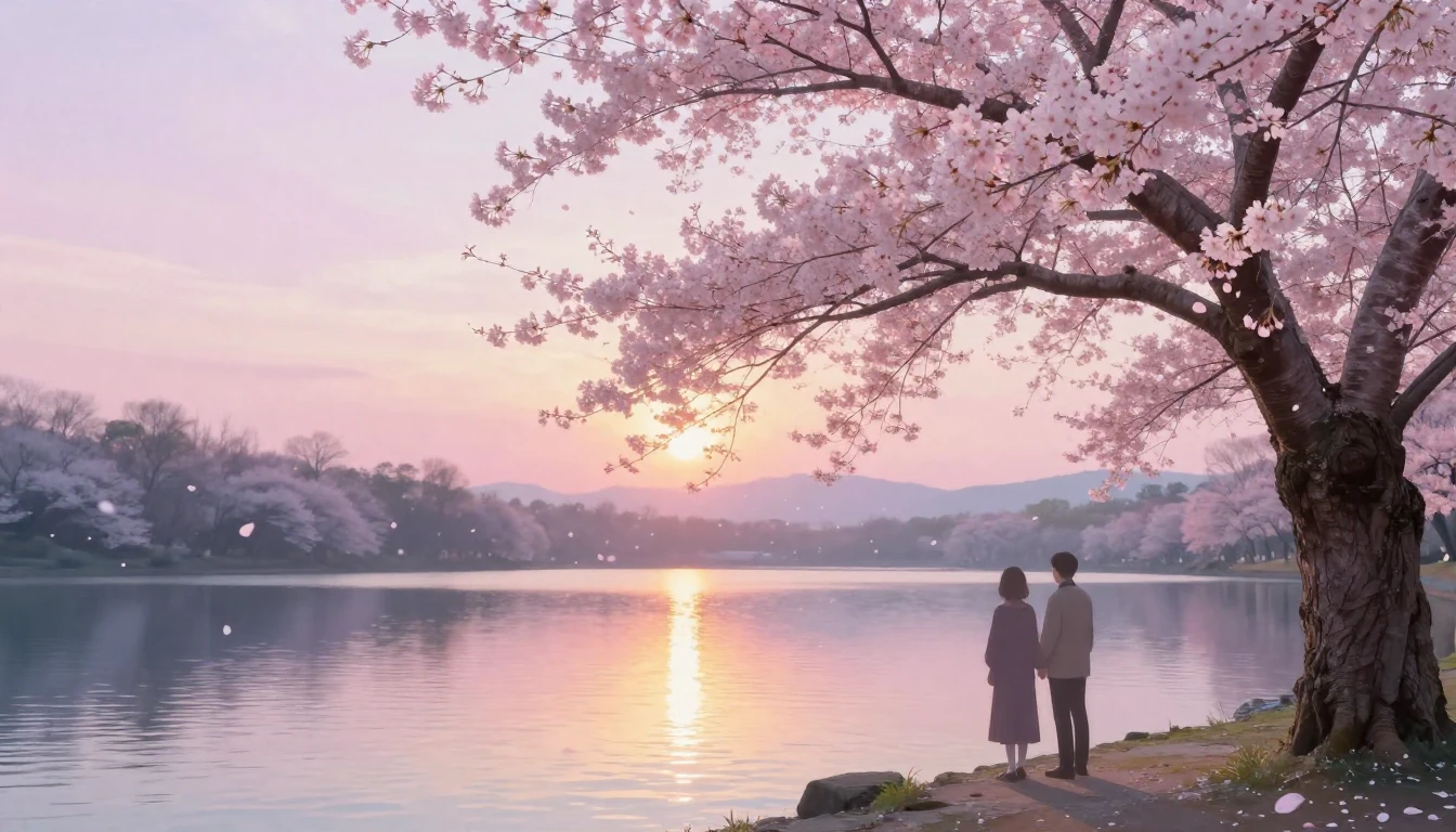 A dreamy and ethereal scene of two silhouettes standing unde...