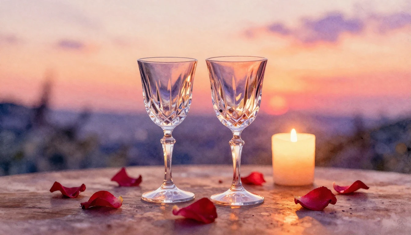 A beautiful watercolor painting of a romantic evening scene....