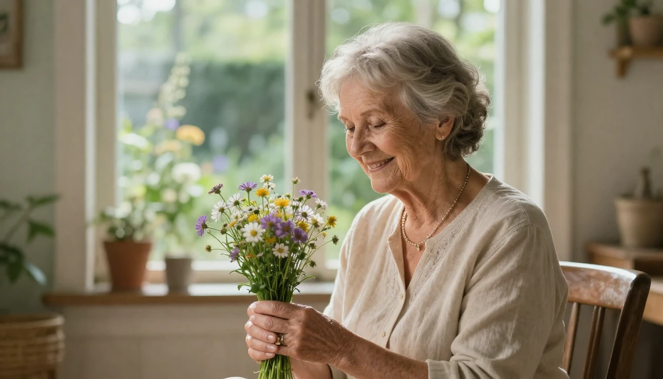 A heartwarming and gentle scene featuring an elderly mother ...