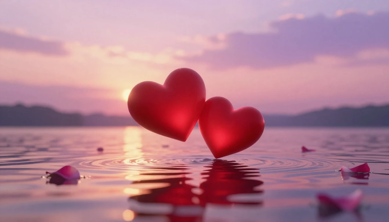 A beautiful and romantic scene featuring two glowing red hea...