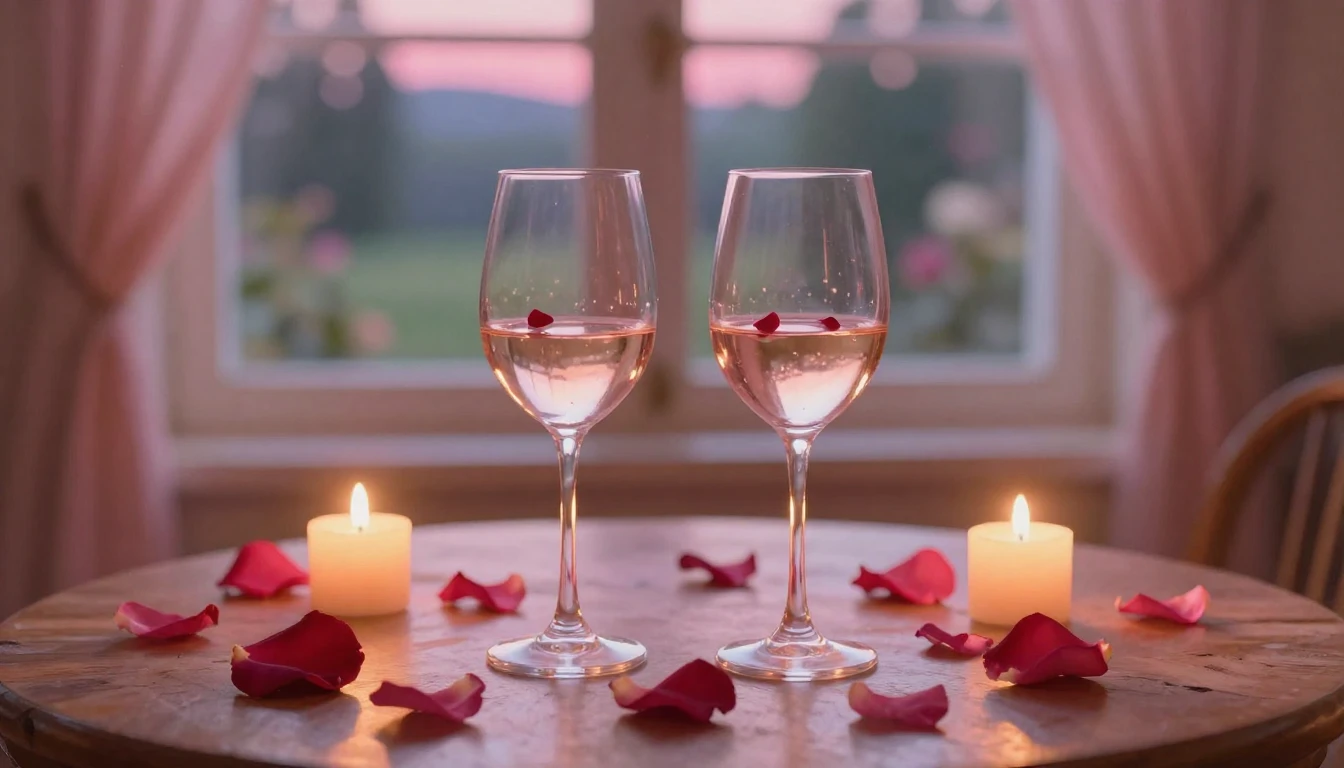 A dreamy and romantic scene featuring two elegant wine glass...