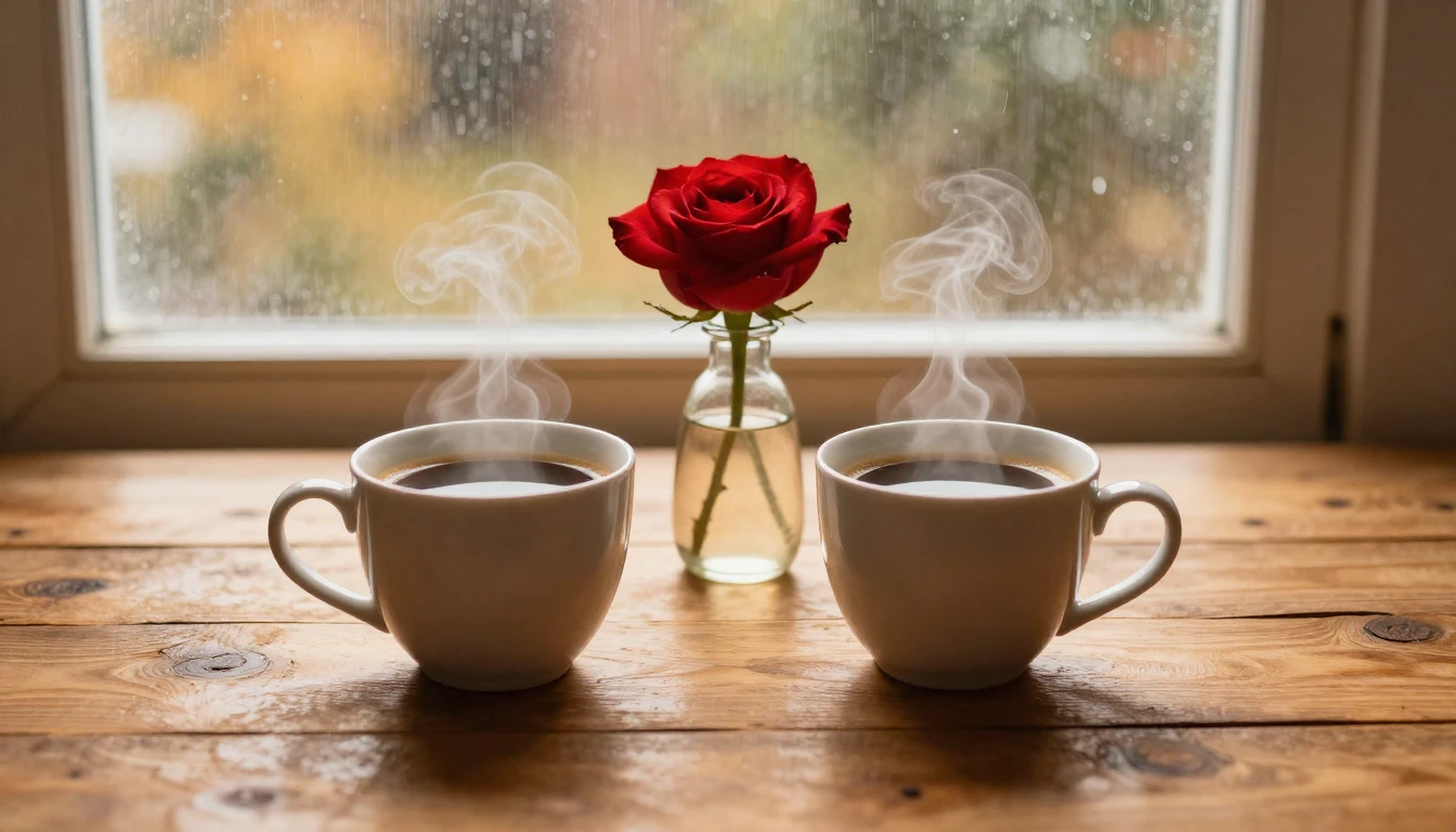 Two cups of steaming coffee sitting on a rustic wooden table...