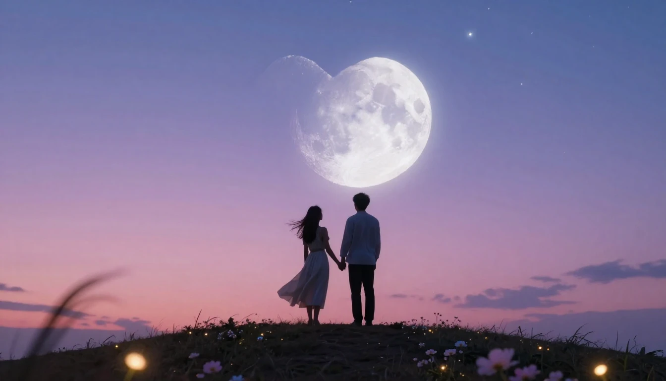 A romantic and dreamy scene featuring a couple standing on a...