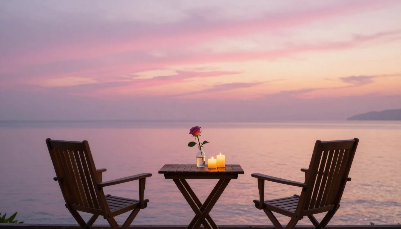 A serene and romantic scene featuring two empty chairs on a ...