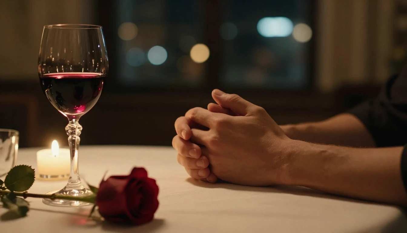 A close-up, cinematic shot of two hands intertwined on a tab...