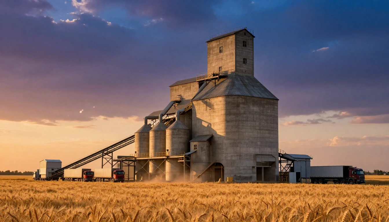 Cinematic wide shot of a massive concrete grain elevator com...