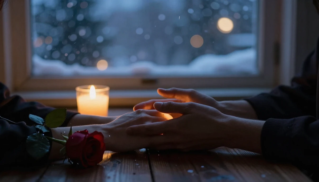 A romantic close-up scene at twilight. Two hands holding eac...