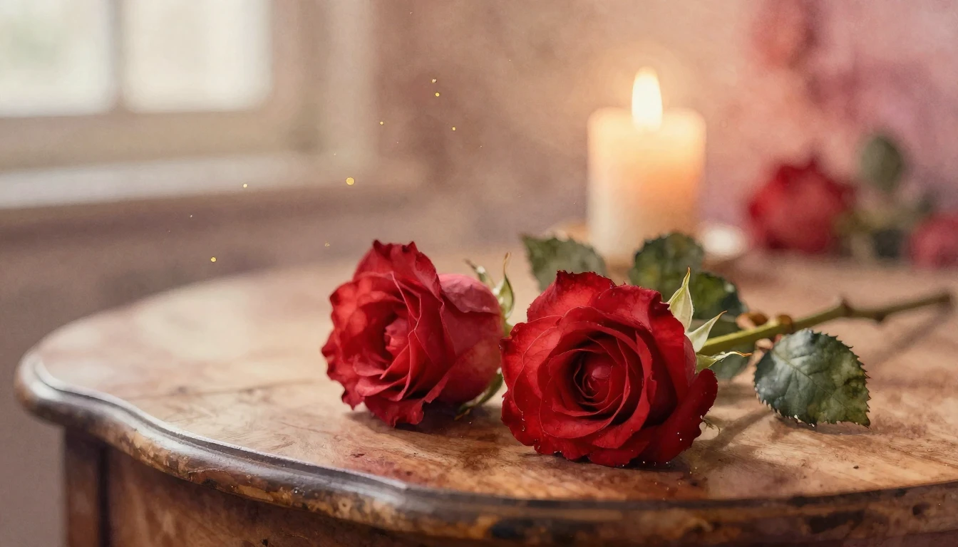 A soft watercolor painting of two delicate red roses resting...