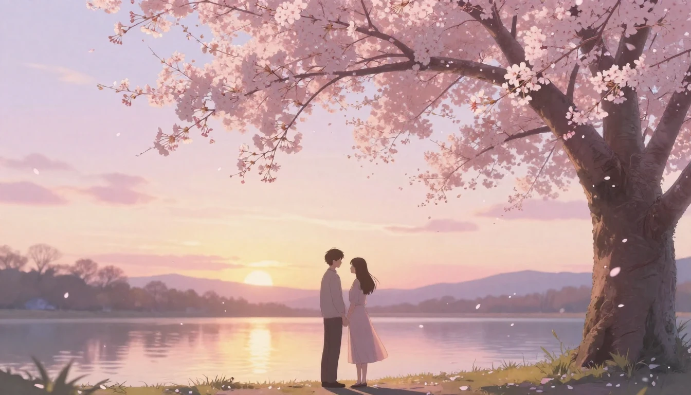 A dreamlike scene featuring two delicate silhouettes of a co...