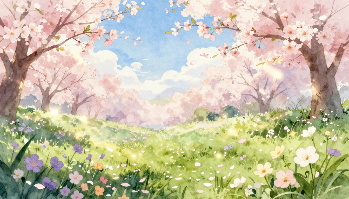 A vibrant and delicate watercolor illustration of a lush spr...