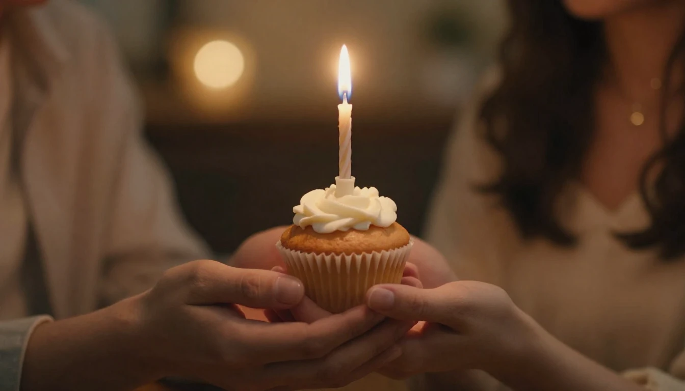 A romantic cinematic close-up shot of a small birthday cupca...