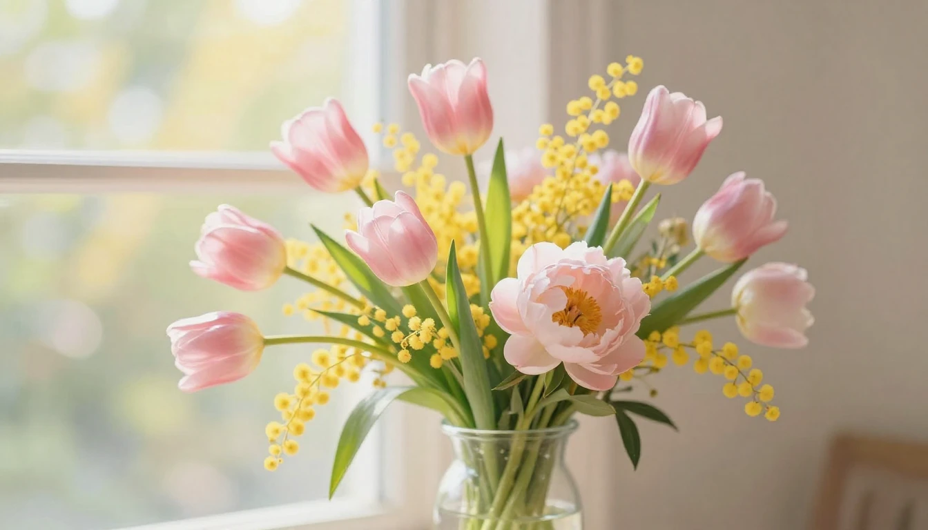 A delicate bouquet of spring flowers like tulips, mimosa, an...