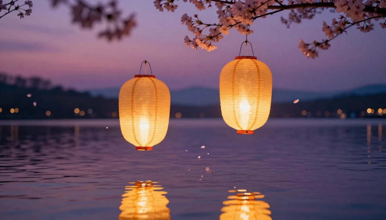 A breathtaking scene of two glowing paper lanterns floating ...