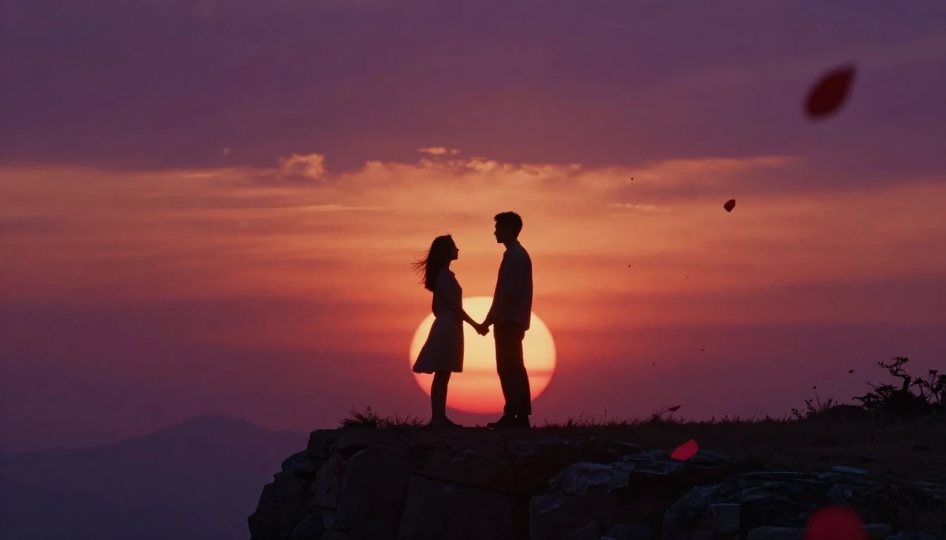 A romantic cinematic shot of a couple standing on a cliff ed...