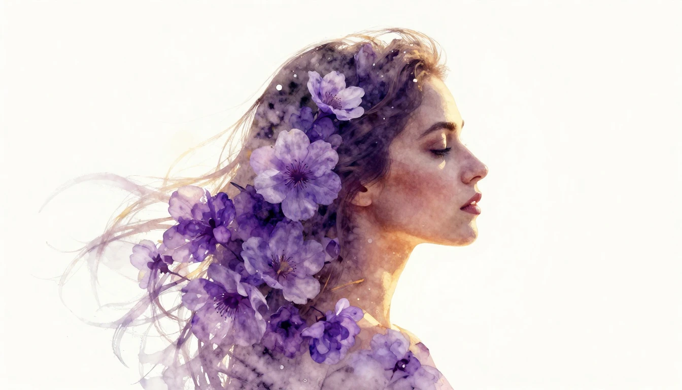 A double exposure watercolor painting of a woman's side prof...