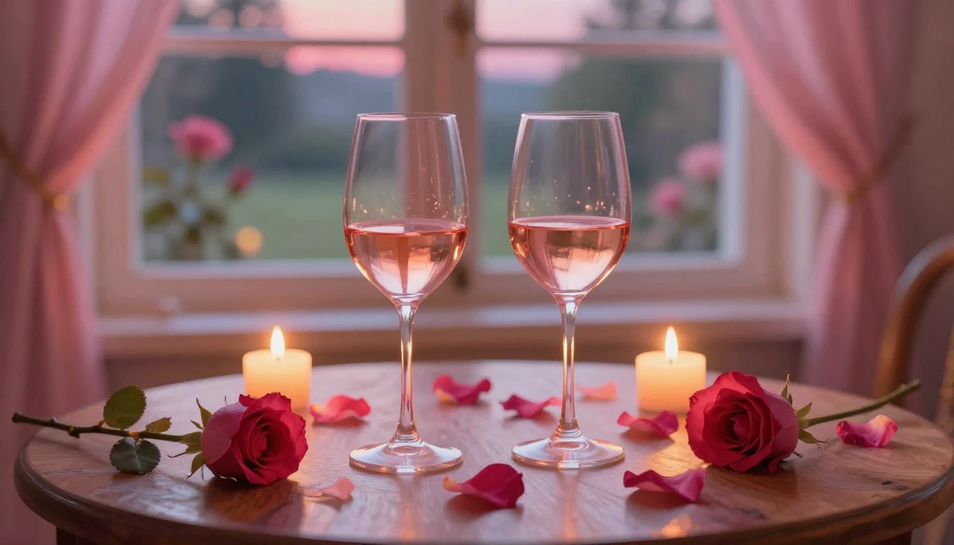 A dreamy and romantic scene featuring two elegant wine glass...
