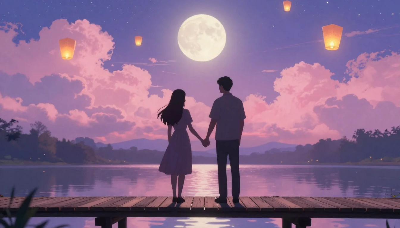 A romantic and dreamy scene featuring two silhouettes holdin...