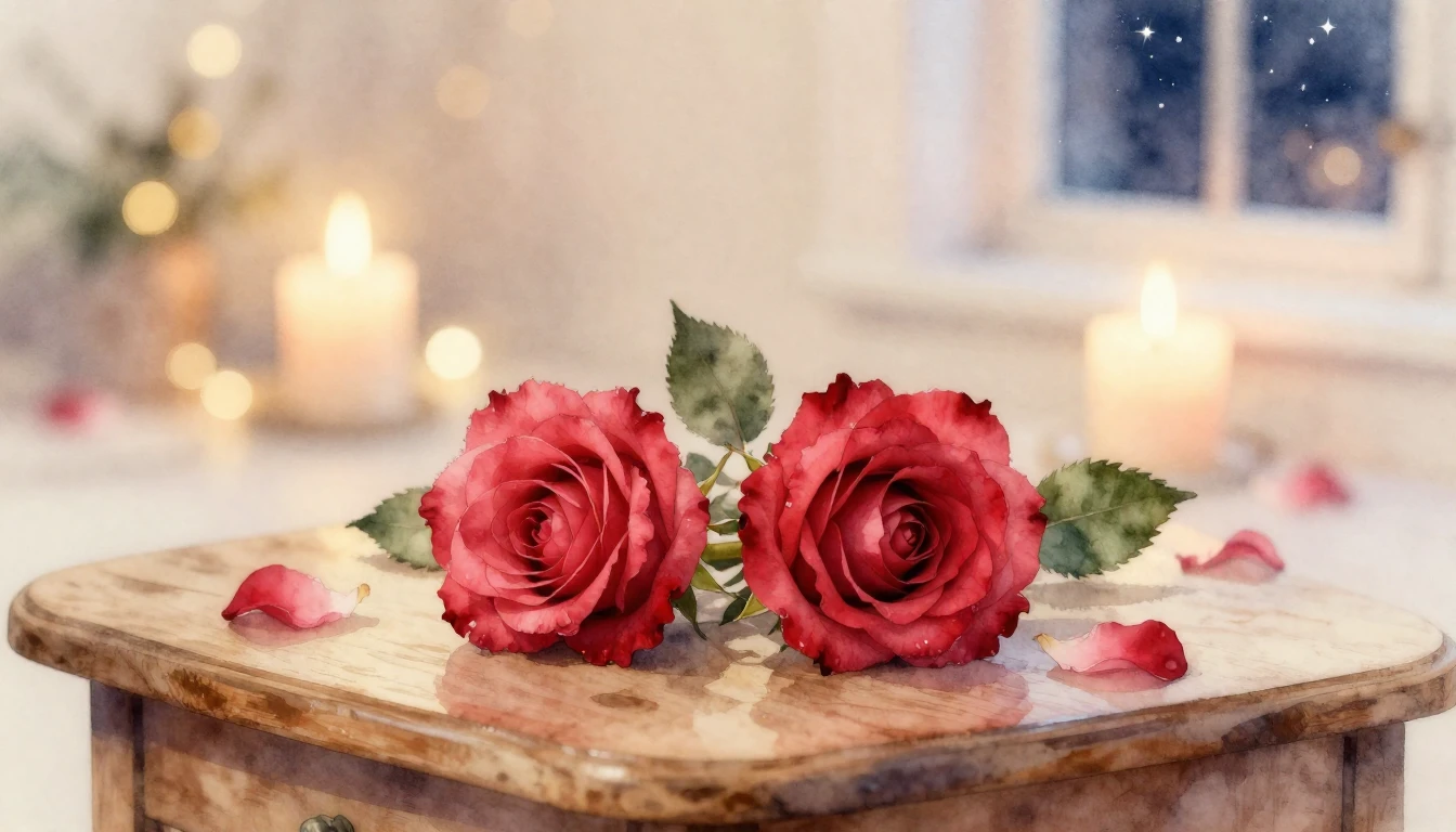 A soft watercolor painting of two delicate red roses resting...