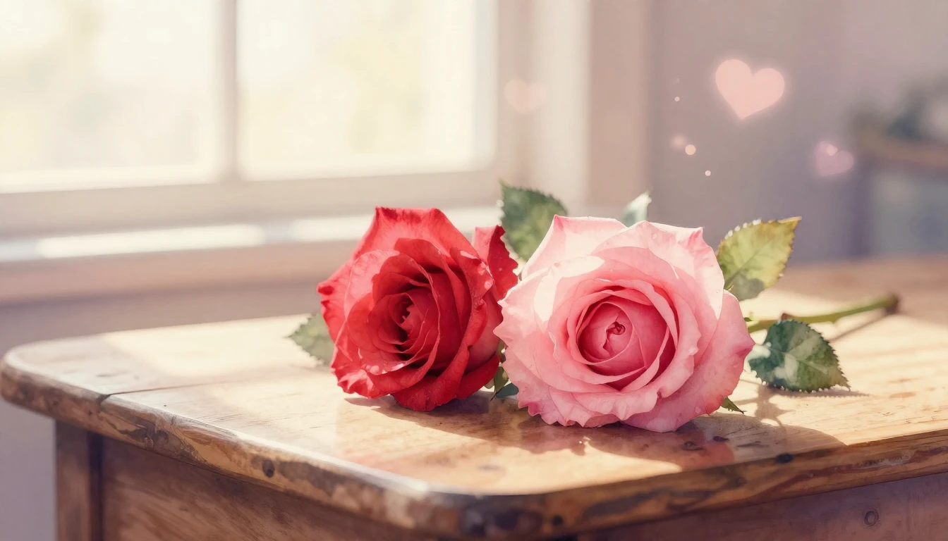 A delicate watercolor painting of two intertwined red and pi...