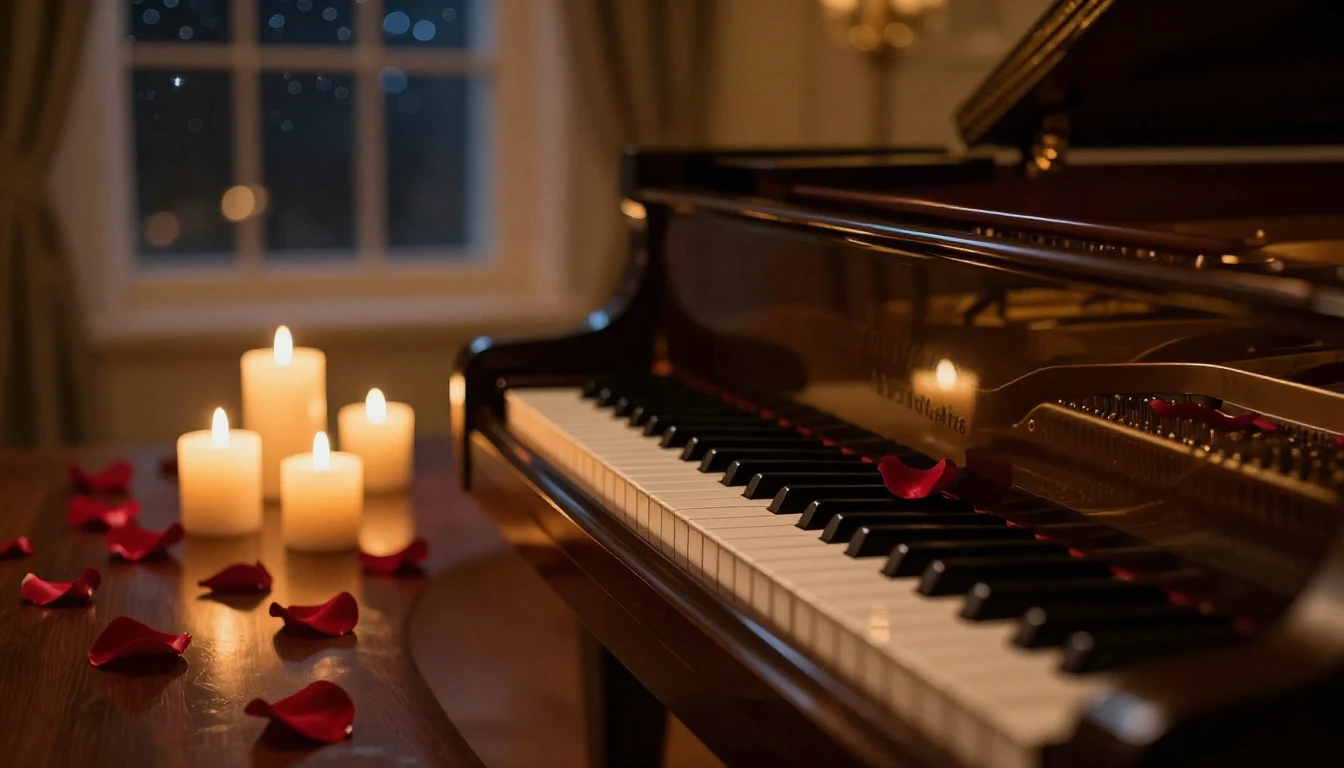 A close-up shot of a grand piano in a dimly lit room, illumi...