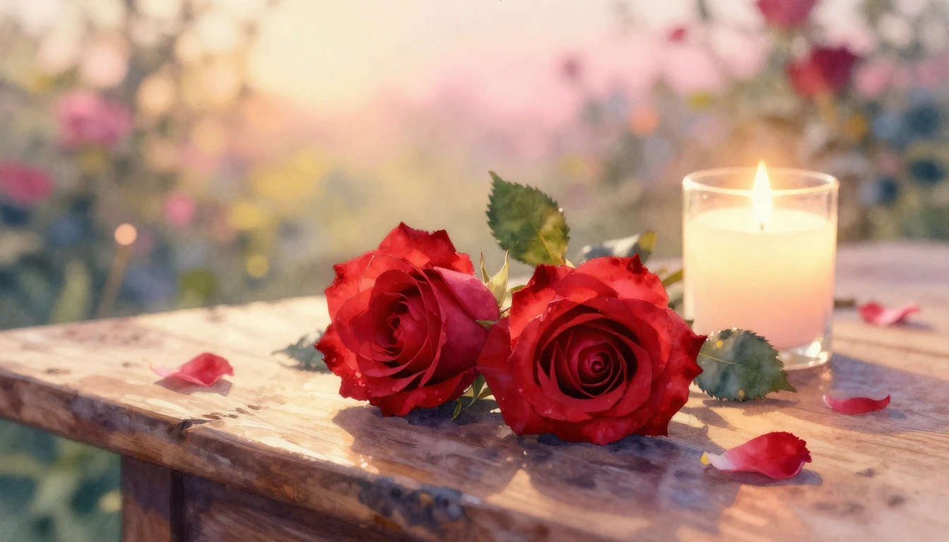 A beautiful watercolor painting of two intertwined red roses...