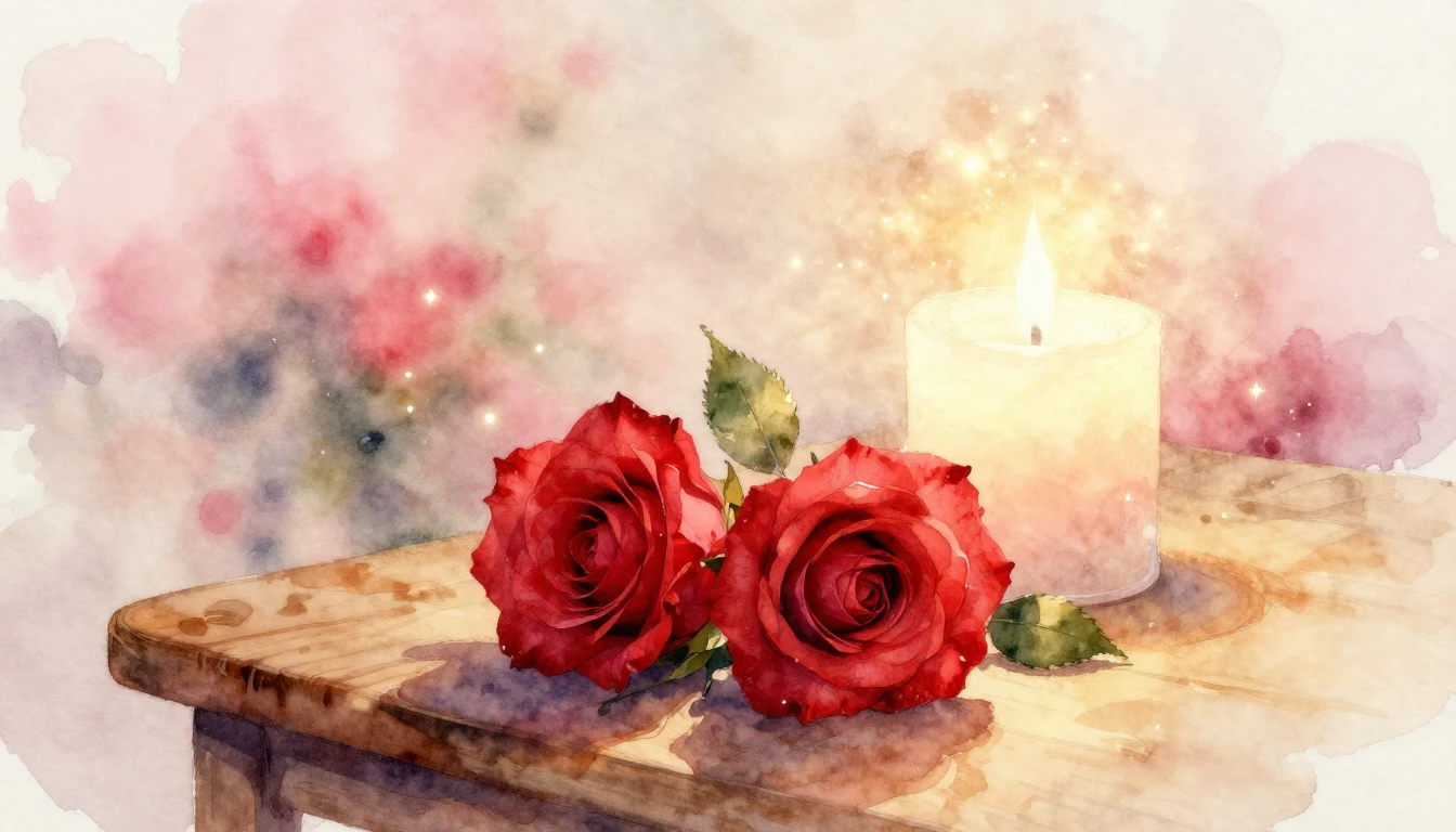 A delicate watercolor painting of two intertwined red roses ...