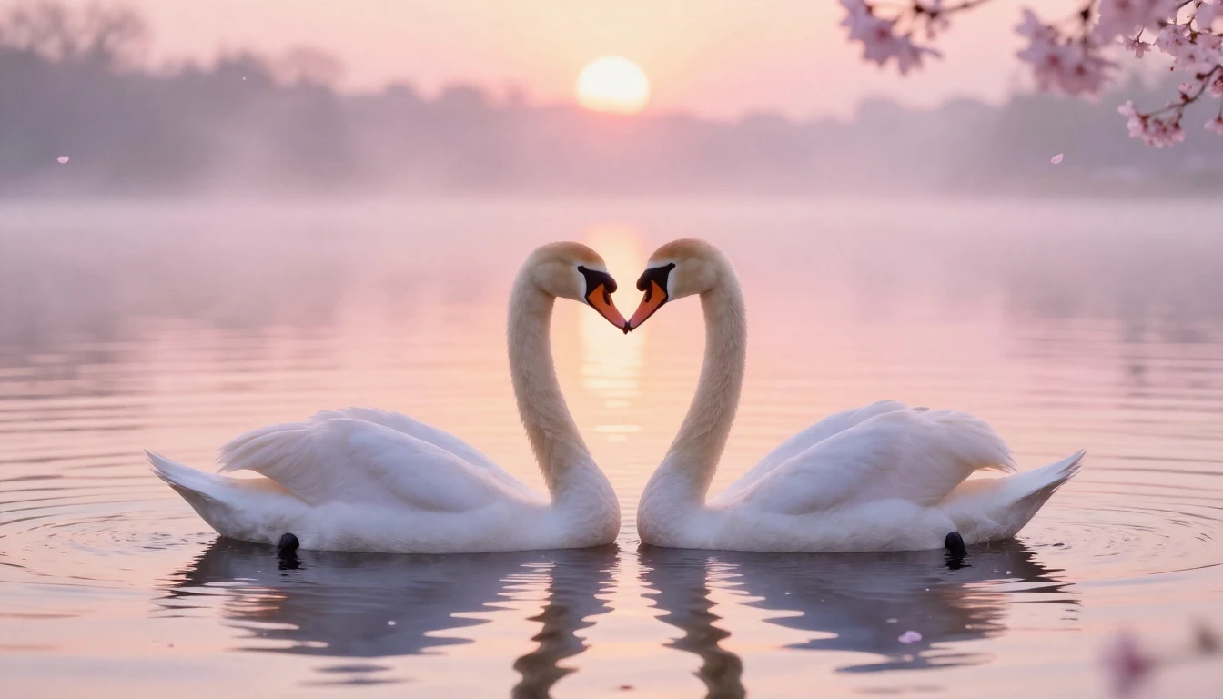 A soft and ethereal scene depicting two delicate swans formi...