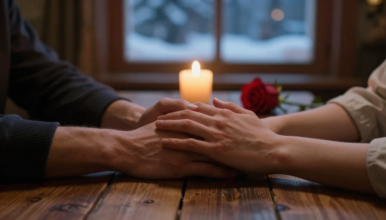 A cinematic close-up shot of two hands gently holding each o...