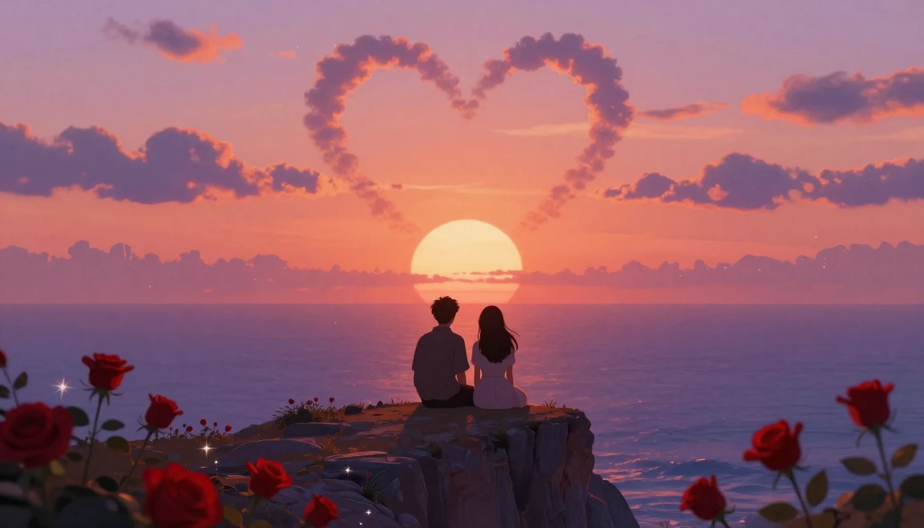 A romantic and magical illustration of a couple sitting on a...